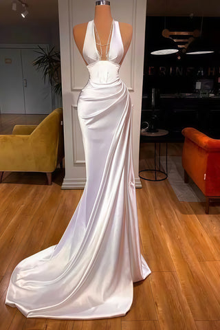 Halter Split Front Beading Mermiad White Satin Prom Dress