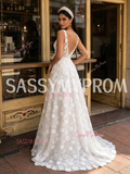 Sassymyprom tulle lace daisy flower beading white V-neck wedding dress back view