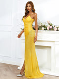 Yellow Backless Sheath Column Prom Dress With High Slit