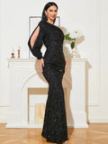 Asymmetrical Sleeves Sequins Black Mermaid Prom Dress