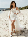 Chic V Neck Tulle Sequin Wedding Dress with Detachable Short Sleeves