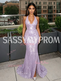 Lavender Sequin V Neck Sheath Column Prom Dress With Slit