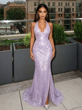 Lavender Sequin V Neck Sheath Column Prom Dress With Slit