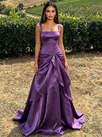Purple Organza Straps Ruffles A Line Prom Dress