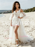 Chic V Neck Tulle Sequin Wedding Dress with Detachable Short Sleeves