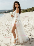 Chic V Neck Tulle Sequin Wedding Dress with Detachable Short Sleeves