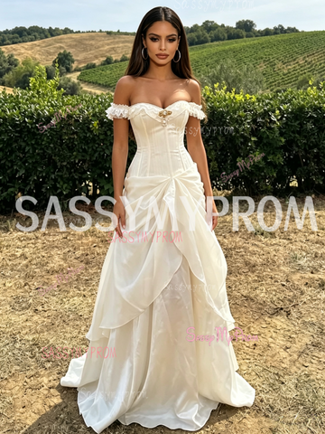 Ivory Organza Off The Shoulder Ruffles Prom Dress