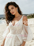 Chic V Neck Tulle Sequin Wedding Dress with Detachable Short Sleeves