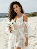Chic V Neck Tulle Sequin Wedding Dress with Detachable Short Sleeves