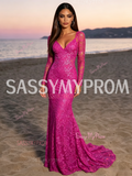 Fuchsia Long Sleeve Lace Trumpet Mermaid Prom Dress
