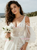 Chic V Neck Tulle Sequin Wedding Dress with Detachable Short Sleeves