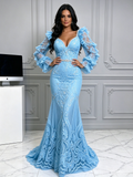 Front view of a light blue lace mermaid prom dress with ruffle long sleeves, sweetheart neckline, and intricate beaded waist belt