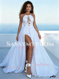 backless split wedding gown