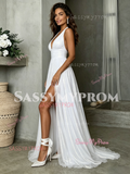 backless tulle wedding dress with slit