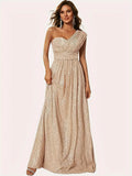 One Shoulder Champagne Sequin A Line Party Dress
