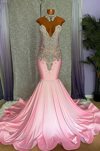 Pink High Neck Mermaid Beading Satin Prom Dress