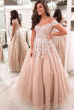Appliques Champagne Off The Shoulder Tulle Prom Dress