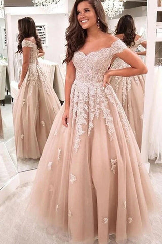 Appliques Champagne Off The Shoulder Tulle Prom Dress