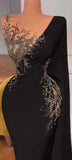 Beading Lace V Neck Long Black Mermaid Prom Dress