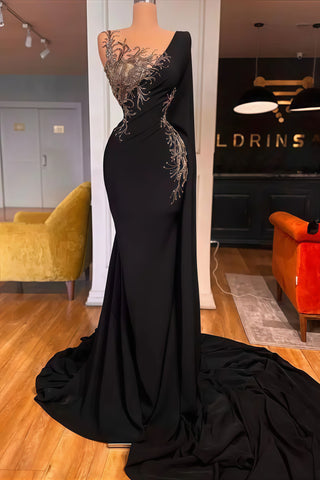 Beading Lace V Neck Long Black Mermaid Prom Dress
