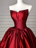 Elegant Strapless Red Satin Sweep Train Prom Dress