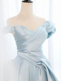 Blue A-Line Off Shoulder Satin Tulle Prom Dress