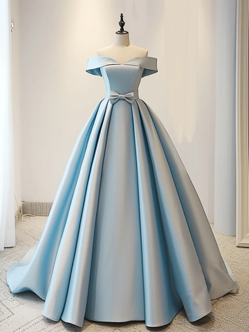 Elegant Sky Blue Satin Off-Shoulder Prom Dress
