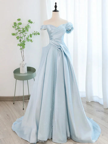 Blue A-Line Off Shoulder Satin Tulle Prom Dress