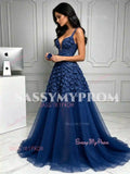 Navy blue backless prom dress with 3D flowers, tulle A-line skirt and thigh slit