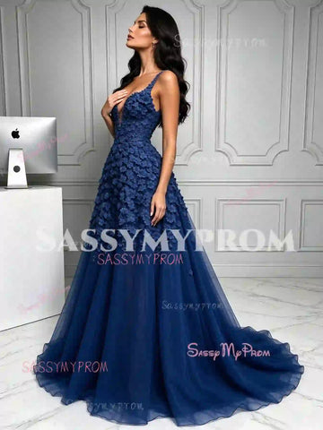 Blue V Neck Flower Tulle Backless Prom Dress