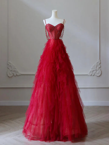 Sweetheart Beading Tulle Red Ruffles Prom Dress