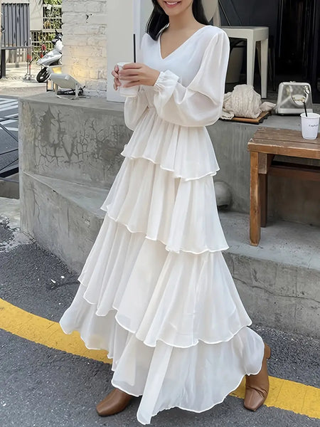 White V Neck Long Sleeve Maxi Ruffle Layered Dress XS White V Neck Long Sleeve Maxi Ruffle Layered Dress XS