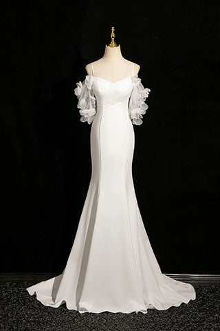 Spaghetti Strap Tulle Ruched White Flower Prom Dress