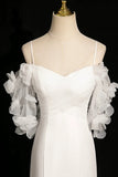 Spaghetti Strap Tulle Ruched White Flower Prom Dress
