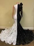 Long Sleeves Block Color Sequins Mermaid Prom Dress