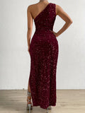 Burgundy One Shoulder Bodycon Sequin Prom Dress With Slit