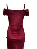 Burgundy Velvet Cold Shoulder Ruched Bodycon Dress