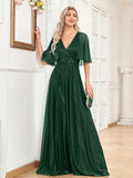 Cape Sleeve Sequin V Neck A Line Maxi Party Dress