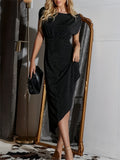 Black Sequin Backless Asymmetrical Slit Party Dress
