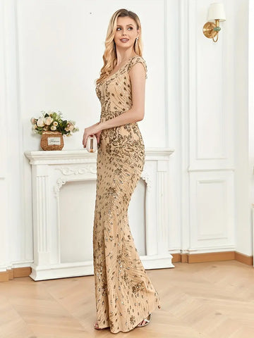 Skinny Sequined Cap Sleeve Gold Sheath Column Party Dress M Skinny Sequined Cap Sleeve Gold Sheath Column Party Dress M