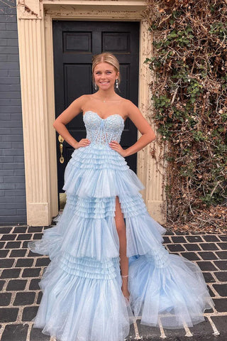 A-Line Strapless Blue Ruffle Tiered Tulle  Prom Dress With Slit