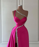 Fuchsia One Shoulder Mermaid Crystal Prom Dress With Slit