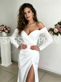 Off The Shoulder Long Sleeves Satin A Line Wedding Dress With Slit