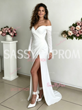 Off The Shoulder Long Sleeves Satin A Line Wedding Dress With Slit