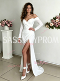 Off The Shoulder Long Sleeves Satin A Line Wedding Dress With Slit