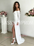 Off The Shoulder Long Sleeves Satin A Line Wedding Dress With Slit