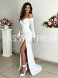 Off The Shoulder Long Sleeves Satin A Line Wedding Dress With Slit