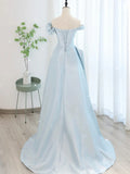 Blue A-Line Off Shoulder Satin Tulle Prom Dress