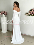 Off The Shoulder Long Sleeves Satin A Line Wedding Dress With Slit