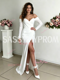 Off The Shoulder Long Sleeves Satin A Line Wedding Dress With Slit